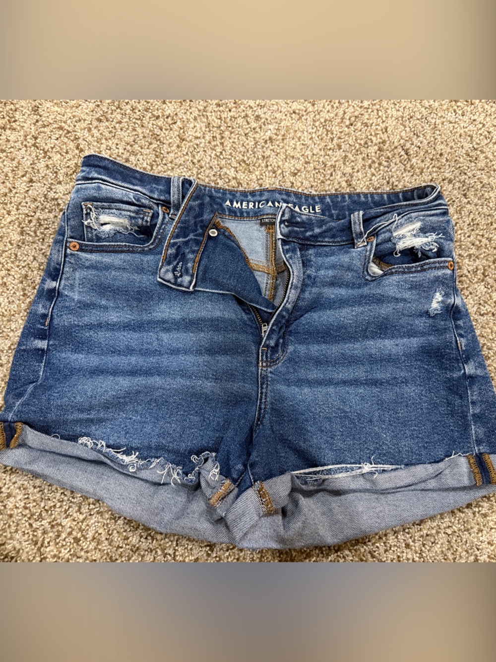 American Eagle Outfitters Rolled Hem Distressed Denim Shorts - Blue